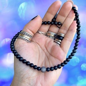 Onyx cz choker . Genuine Matte 6mm onyx gemstones & cz charm adjustable necklace